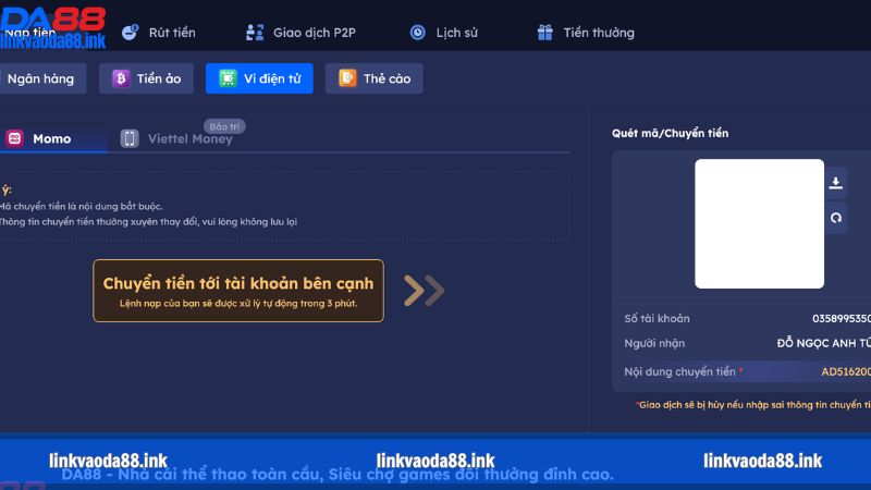 Nạp tiền vào ví DA88 thông qua ví điện tử